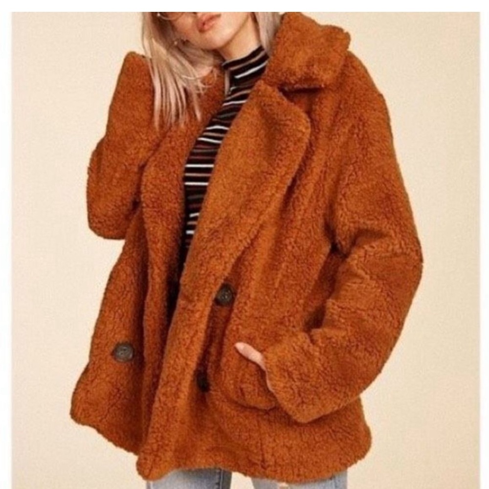 Free People Notched Teddy Peacoat Brown xs w/ Free FP lieutenant cord cap